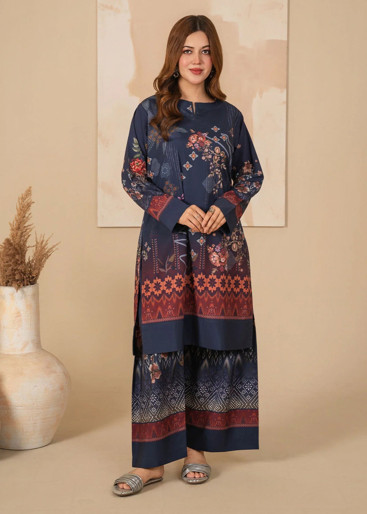 Model wearing dark blue color dress in midnight blue, printed poly lawn 2PC set, front view from Buraqstore