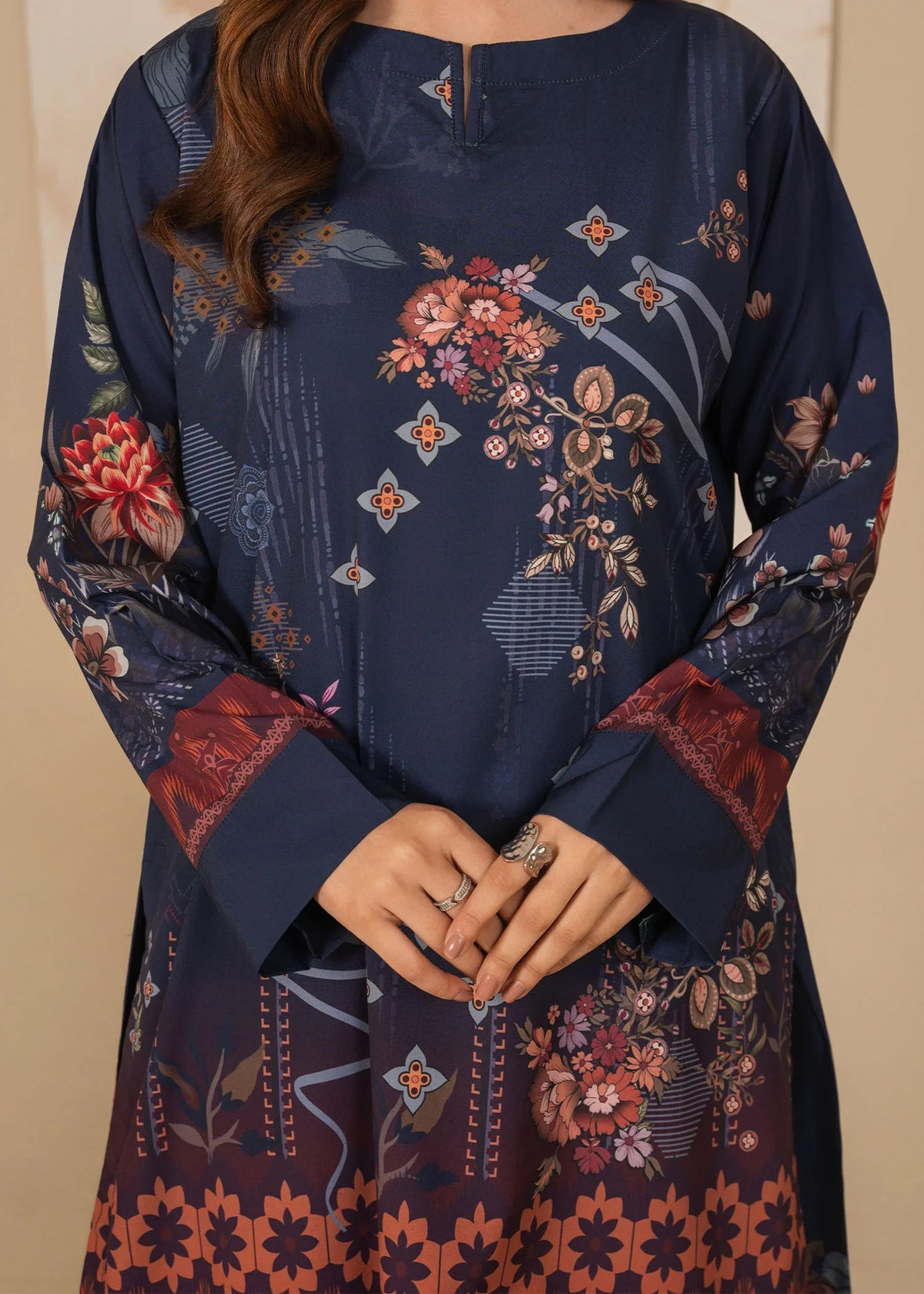 Model wearing dark blue color dress, side view showing the fit of the printed poly lawn 2PC, Buraqstore