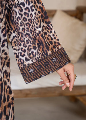 Model wearing dark brown printed grip suit as a daily outfit, shop printed grip 2PC set at Buraqstore