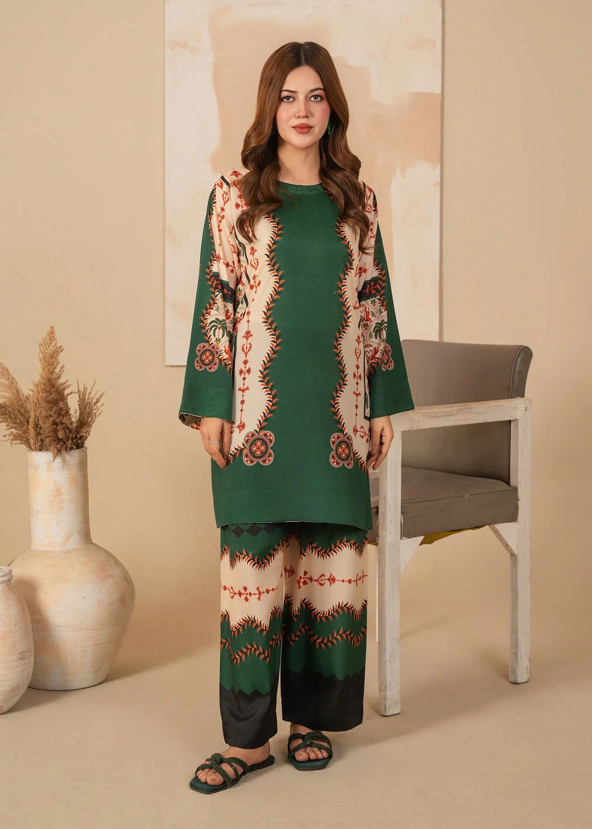 Model wearing dark green dress pakistani, printed poly lawn 2PC set, front view from Buraqstore