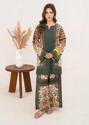 Women wearing dark green co ord sets Pakistan, printed 2-piece poly lawn set, front view from Buraqstore