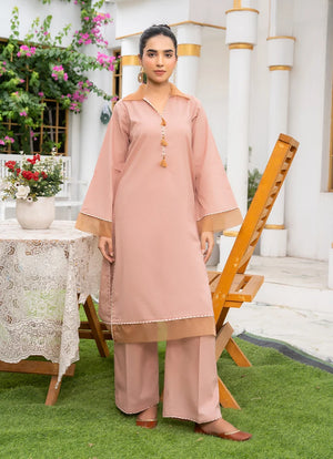 Model wearing co ord set for women, side view showing the fit of the cotton 2-piece set, Buraqstore