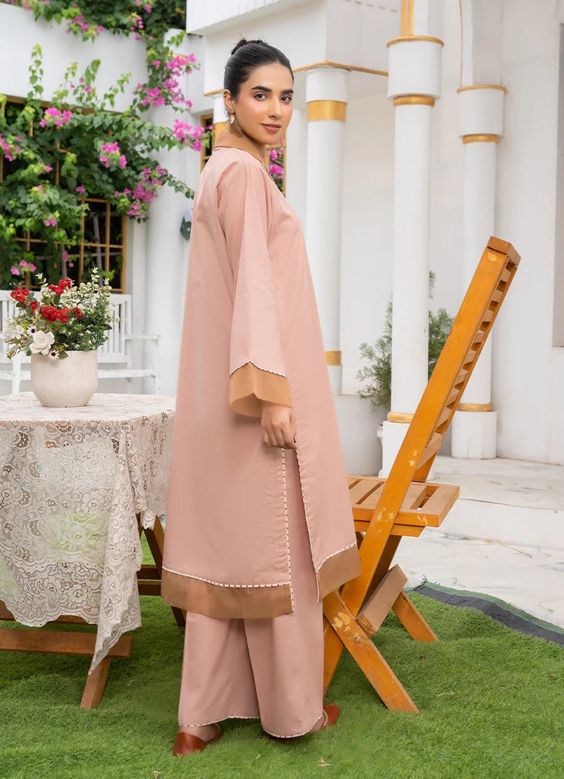 Women wearing co ord set for women, close-up of the dori and lace detail on the cotton top, Buraqstore