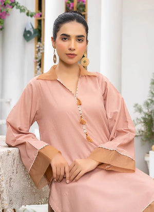 Women wearing co ord set for women, back view of the cotton top with dori and lace trim, Buraqstore