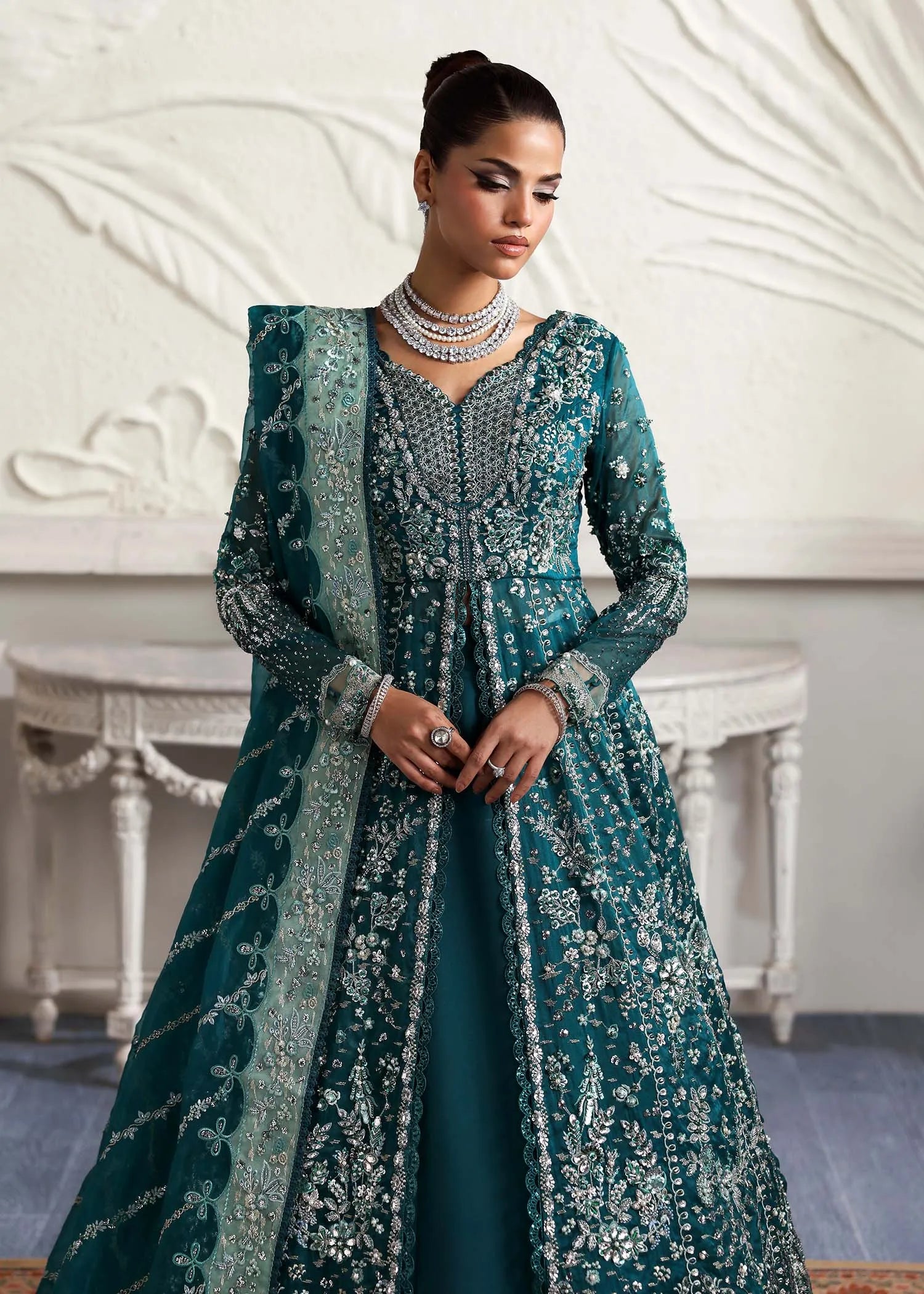 Woman styled in Eclat embroidered maxi by Buraqstore for walima