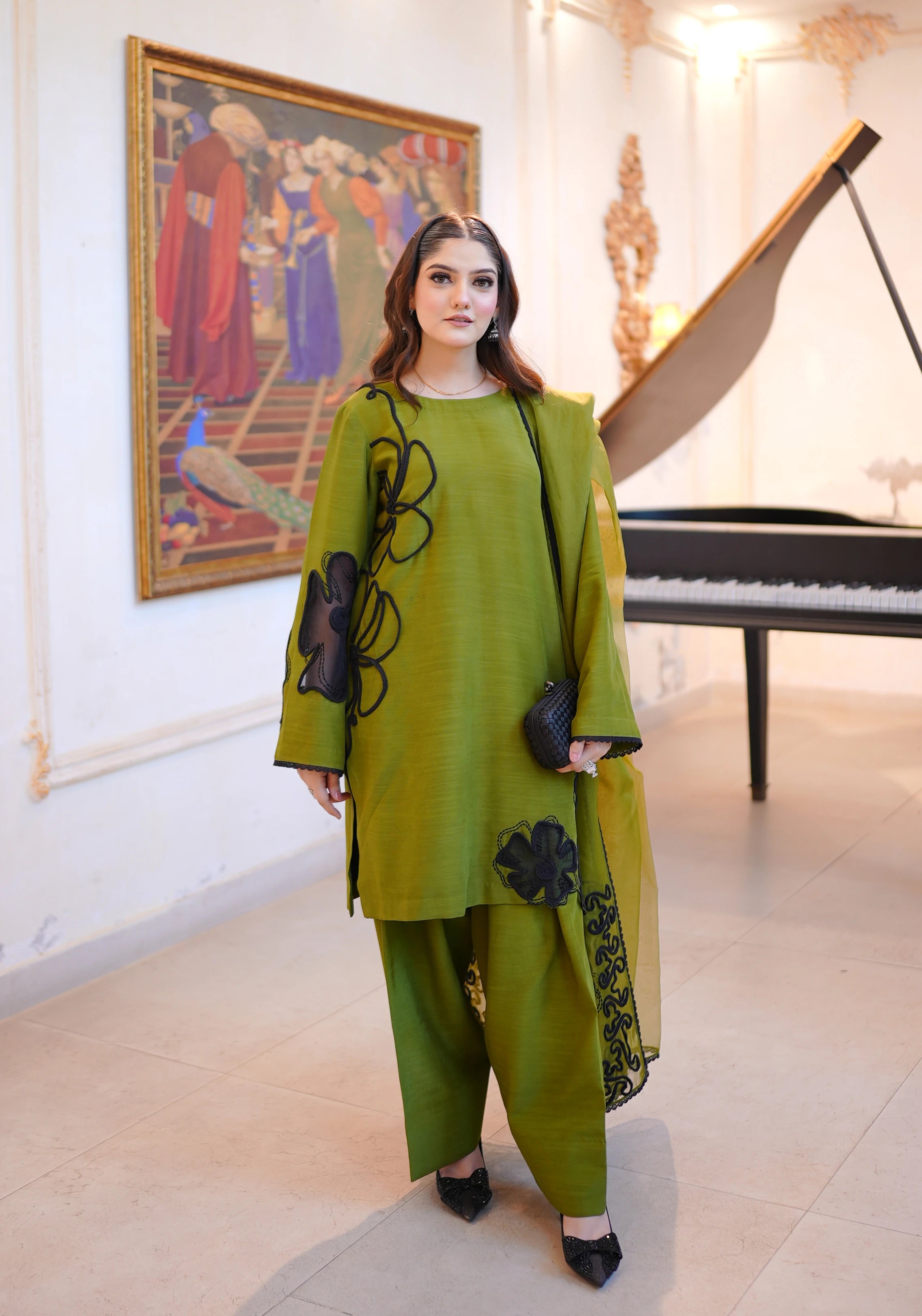 Olive Embroidered SIlk Pret 3Pcs