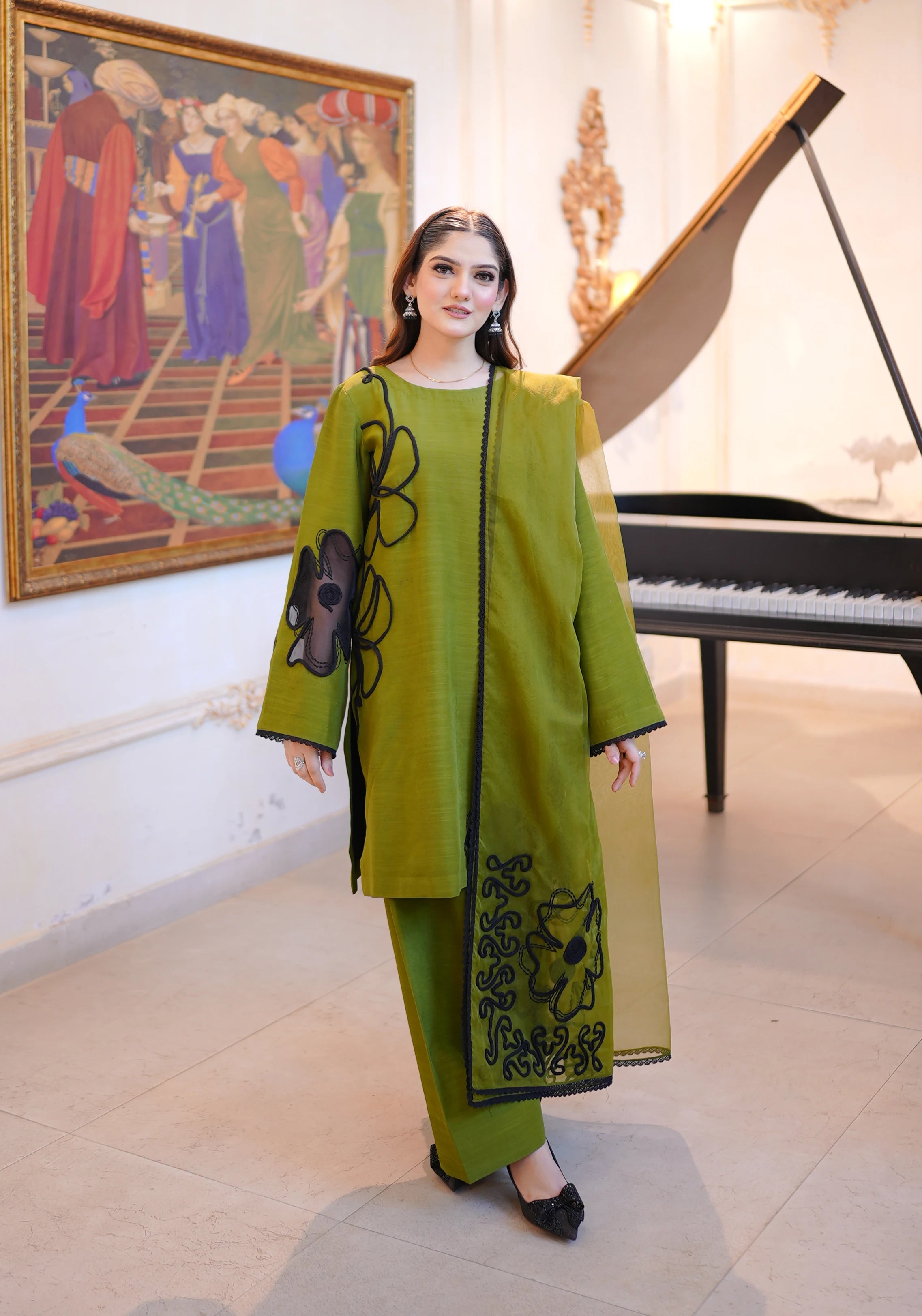 Olive Embroidered SIlk Pret 3Pcs