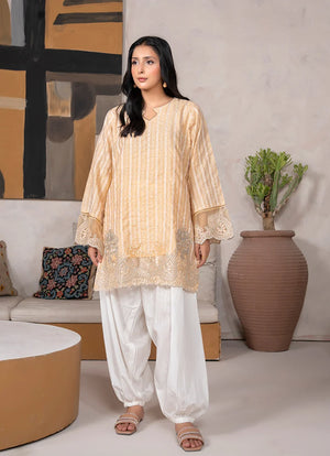 Model wearing golden color dress, side view showing the fit of the jacquard 2-piece set, Buraqstore