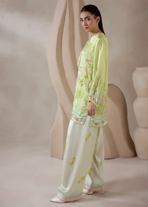 Women wearing co ord set design, close-up of the print and hand embellishments on the charmeuse silk, Buraqstore