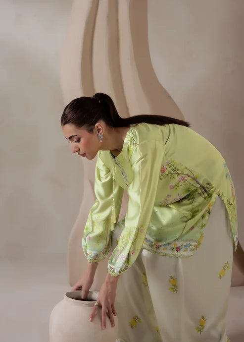 Women wearing co ord set design, back view of the printed charmeuse silk top, Buraqstore