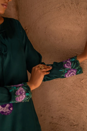 Model wearing green rayon silk suit as a festive outfit, shop handcrafted 3PC silk set online at Buraqstore