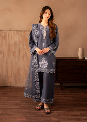 Model wearing grey colour dress, an embroidered lawn shirt and trouser 3PC set with a net dupatta, front view from Buraqstore