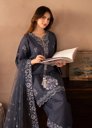 Model wearing grey colour dress, side view showing the fit of the lawn shirt and trouser, Buraqstore