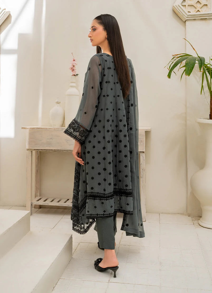 Women wearing grey colour dress design, close-up of the embroidery on the chiffon shirt, Buraqstore