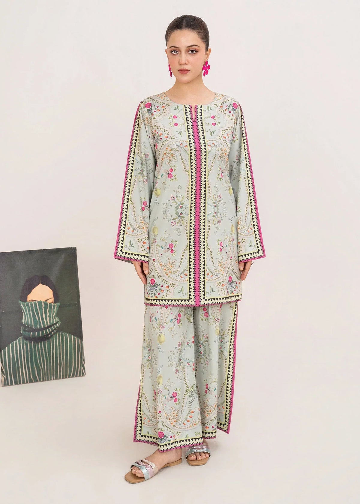 Model wearing grey silk co ord set, printed 2-piece silk fabric set, front view from Buraqstore