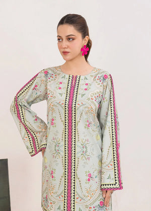 Model wearing grey silk co ord set, side view showing the smooth fall of the printed silk set, Buraqstore