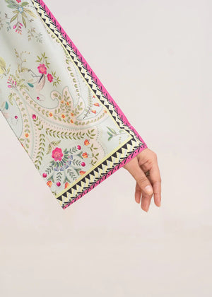 Women wearing grey silk co ord set, close-up of the print on the silk top and bottom, Buraqstore
