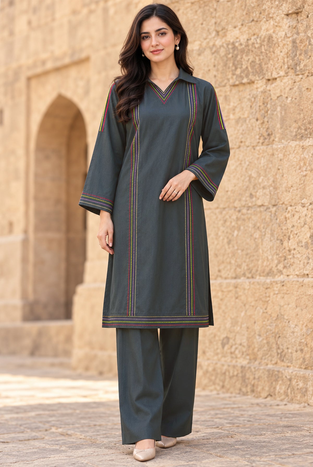 Women wearing grey linen shirts Pakistan 2PC, stitched dyed linen shirt with matching trouser, front view from Buraqstore
