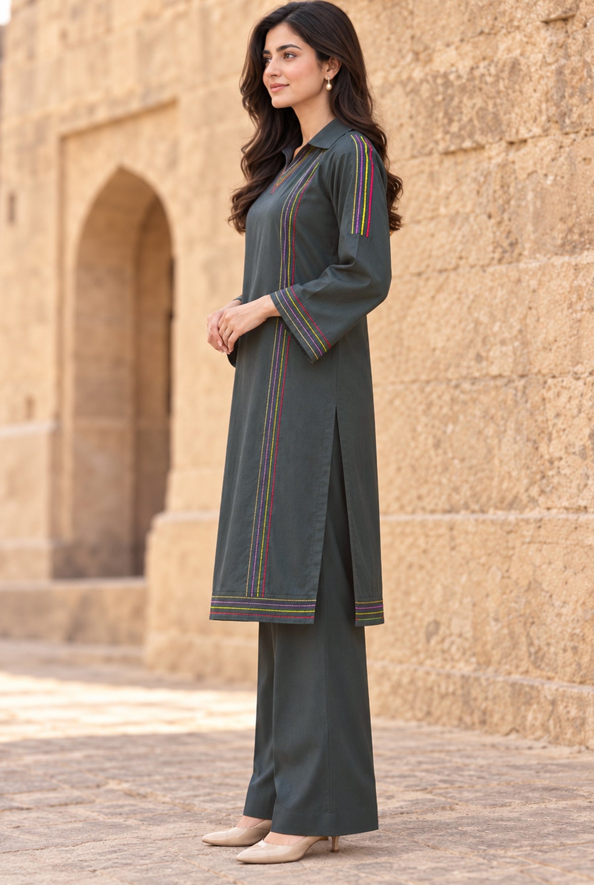 Model wearing grey linen shirts Pakistan 2PC, back view of the stitched dyed linen shirt, available at Buraqstore