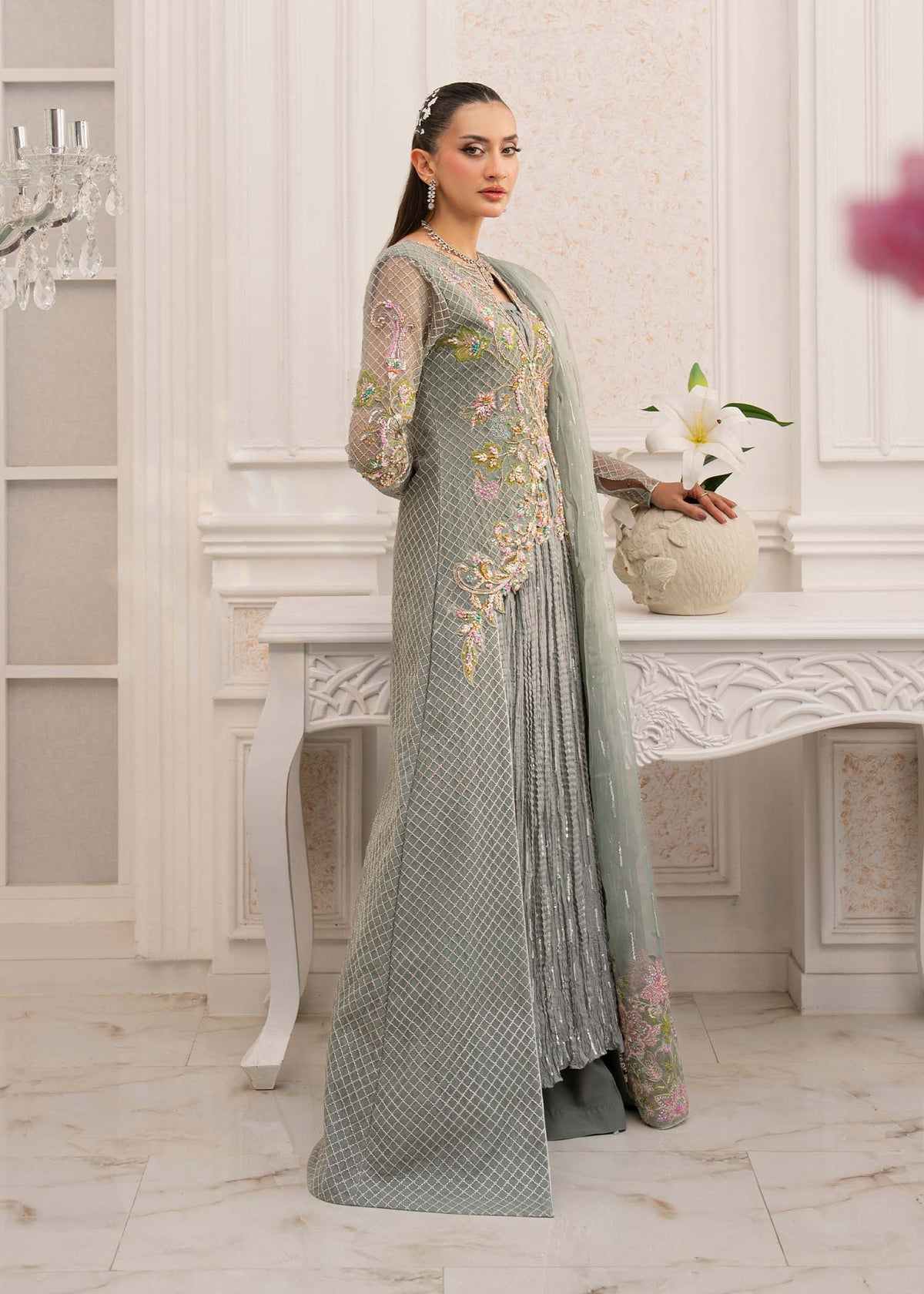 Model showcasing a grey Jamnii Russian raw silk 3 piece maxi at Buraq Store