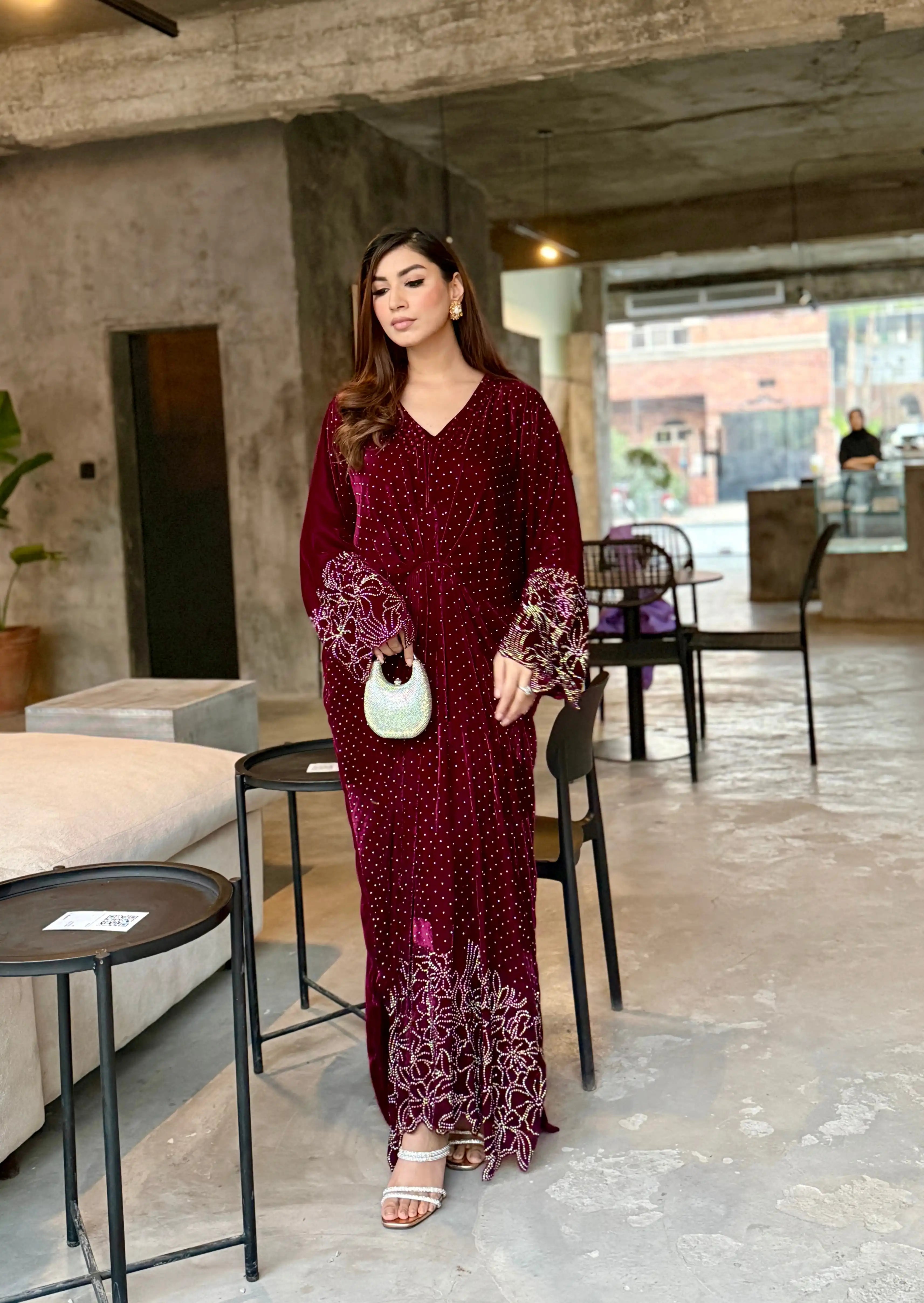 SF - 293 Maroon Velvet Kaftan 1Pc