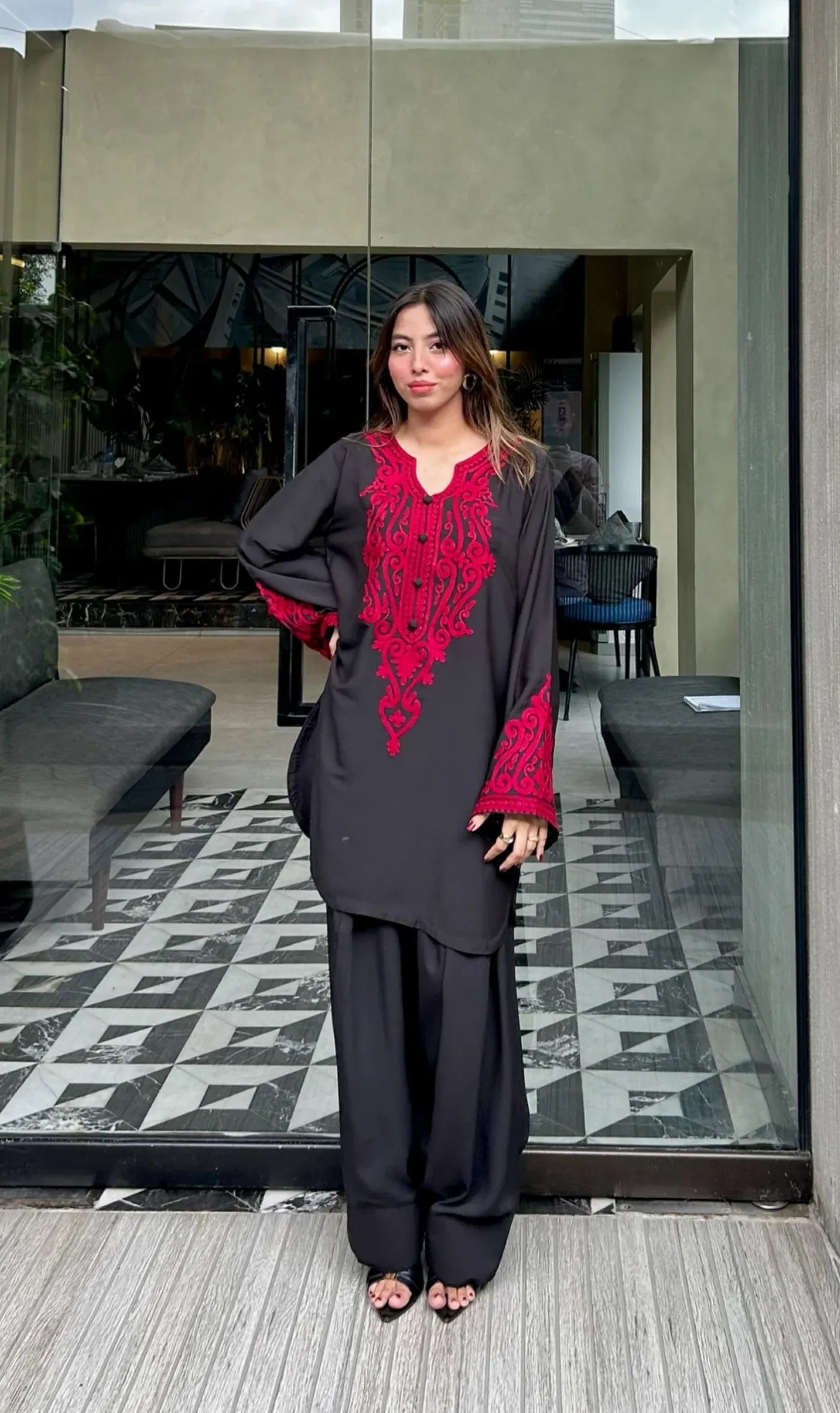 Red On Black Embroidered Georgette Pret 2Pcs