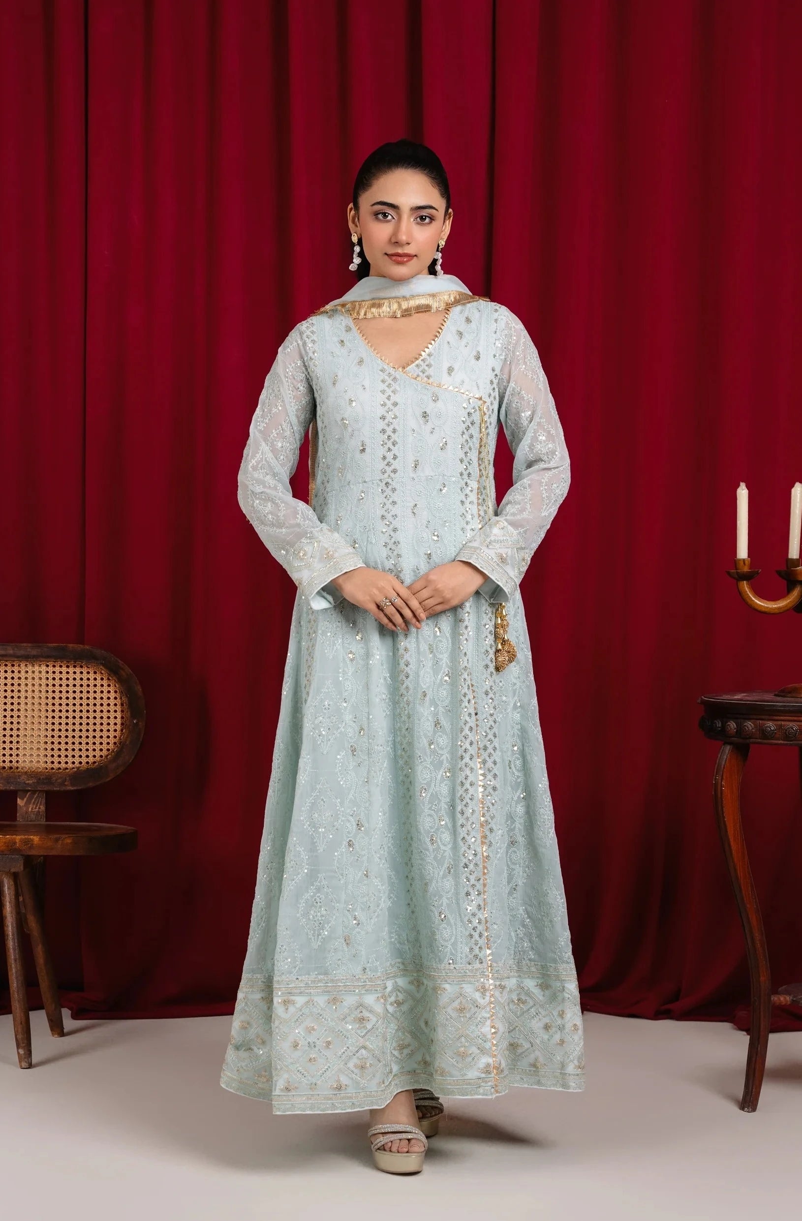 Angrakha-099-ICE BLUE Chiffon Embroidered Pret 3PCs