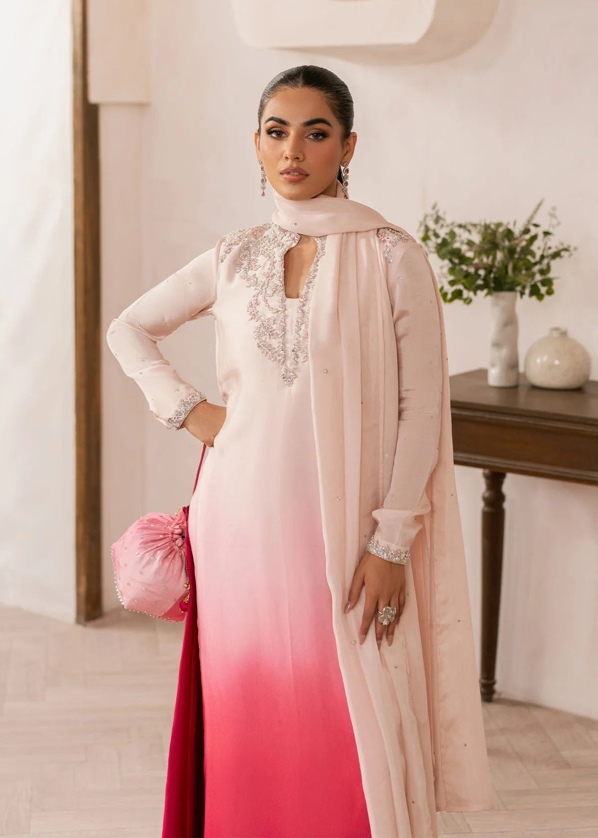 Coral Embroidered Tissue Silk Pret 3Pcs