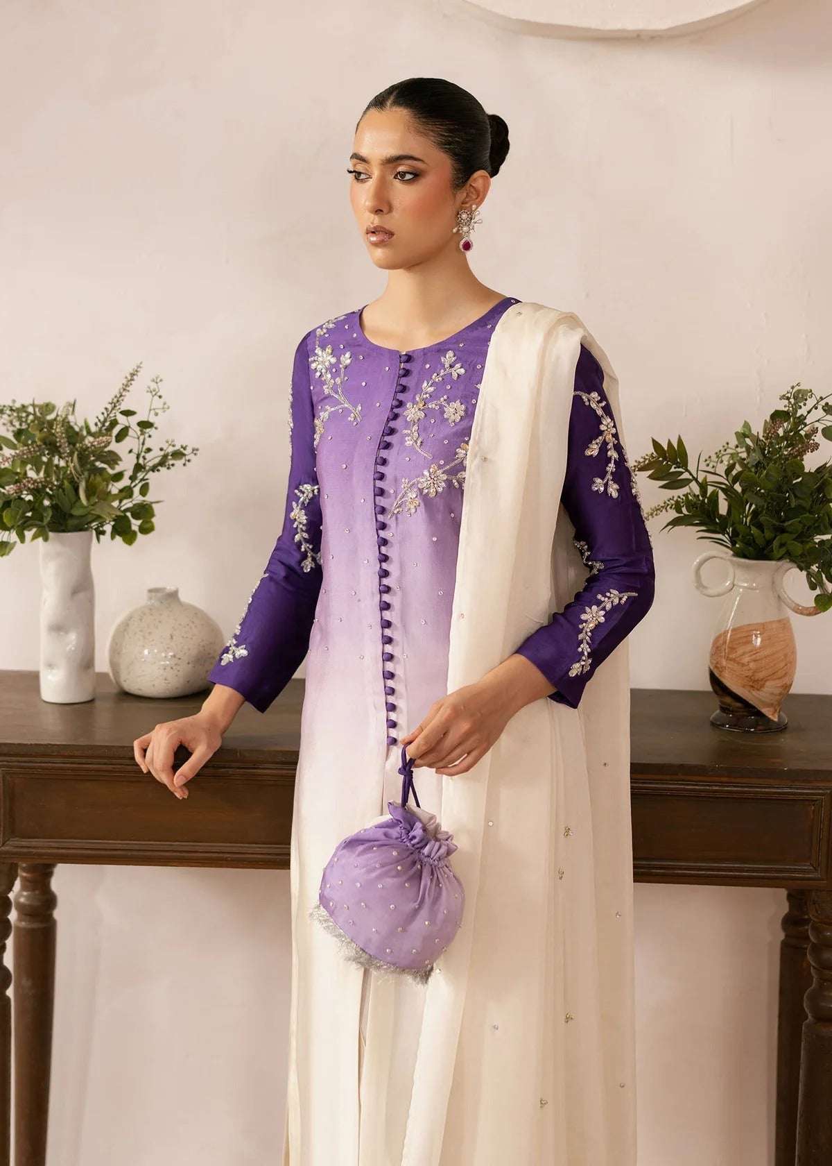 Purple Ombre Embroidered Tissue Silk Pret 3Pcs