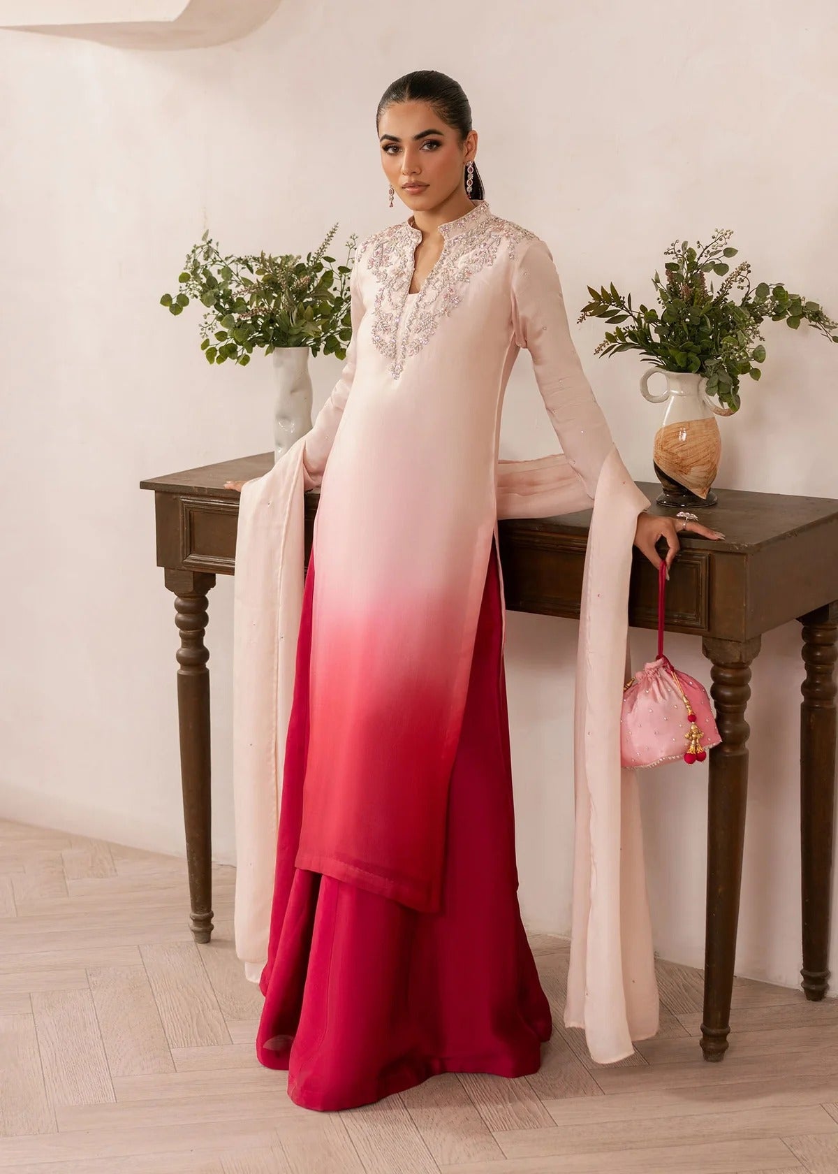 Coral Embroidered Tissue Silk Pret 3Pcs