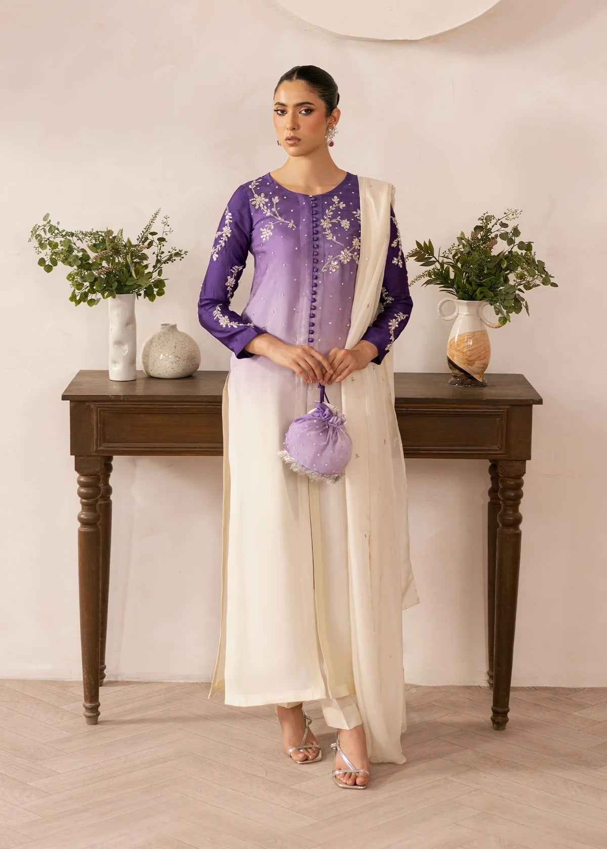 Purple Ombre Embroidered Tissue Silk Pret 3Pcs