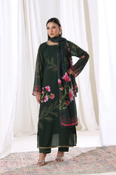 Model wearing Emerald Blossom chiffon pret from Buraqstore, elegant women’s dress in Pakistan