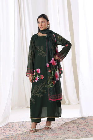 Model wearing Emerald Blossom chiffon pret from Buraqstore, elegant women’s dress in Pakistan