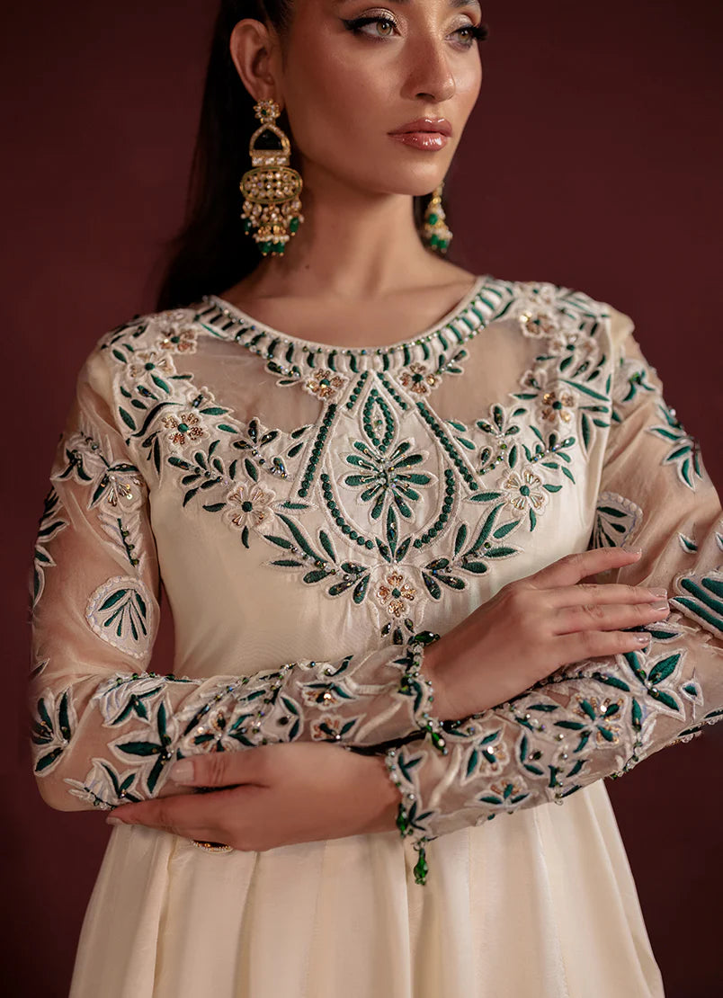 Bridal walima maxi design Ivorine styled on female model by Buraqstore