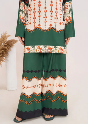 Model wearing silk dress design, side view showing the smooth fall of the printed silk 2PC, Buraqstore