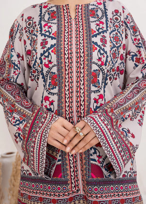 Model wearing ivory lawn co ord sets Pakistan, close-up of the print on the poly lawn top and bottom, Buraqstore