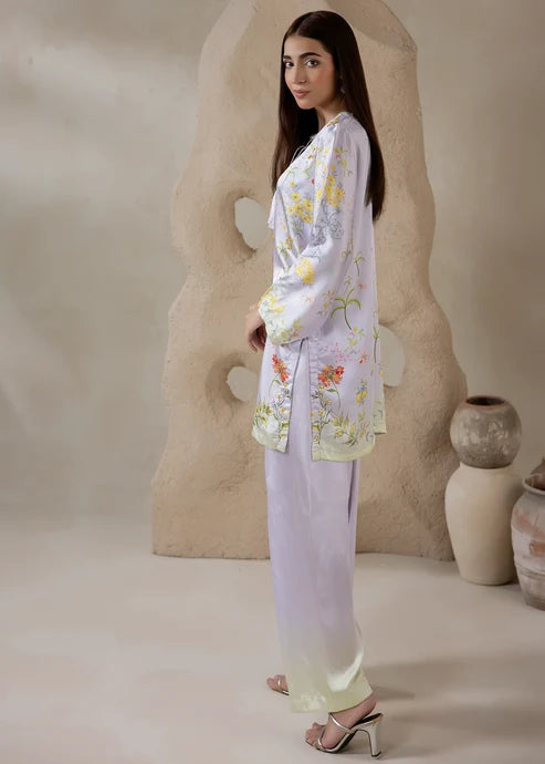 Women wearing co ord set for women, close-up of the print and hand embellishments on the charmeuse silk, Buraqstore