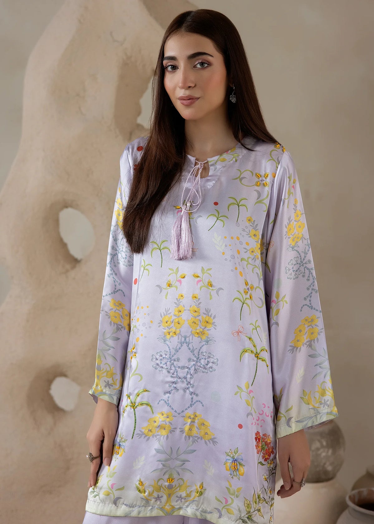 Women wearing co ord set for women, back view of the printed charmeuse silk top, Buraqstore