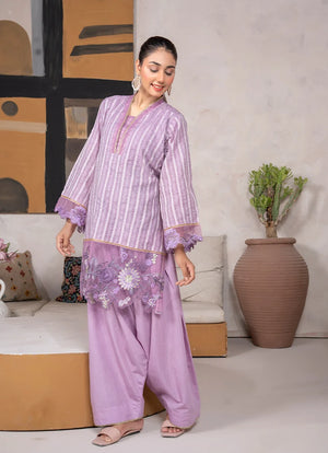Women wearing lavender dress, back view of the embroidered jacquard shirt and bottom, Buraqstore