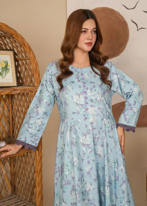 Model wearing light blue color dress as a casual outfit, shop printed poly lawn 1PC at Buraqstore