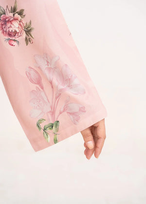 Model wearing pink color dress as a casual outfit, shop printed poly lawn 2PC set at Buraqstore
