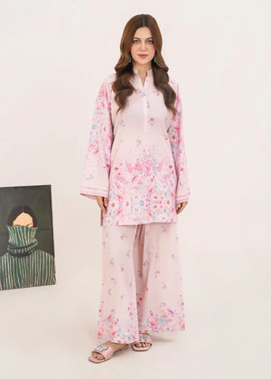 Model wearing pink color dress pakistani set, printed poly lawn 2PC, front view from Buraqstore