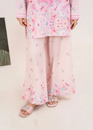 Women wearing pink color dress pakistani set, back view of the printed poly lawn shirt and trouser, Buraqstore