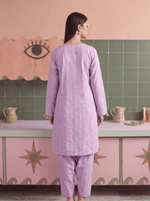 Women wearing lilac color dress, back view of the stitched cambric shirt and matching trouser, Buraqstore