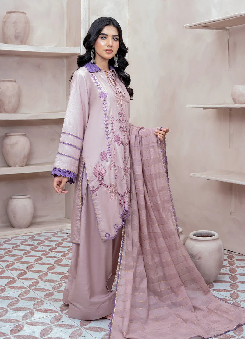 Model wearing lilac color dress, side view showing the fall of the raw silk 3-piece set, Buraqstore