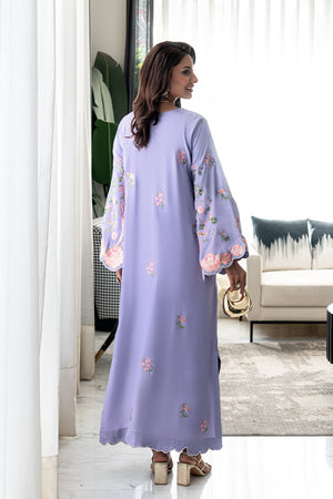 Girl wearing elegant purple kaftan dress for girls Pakistan by buraqstore