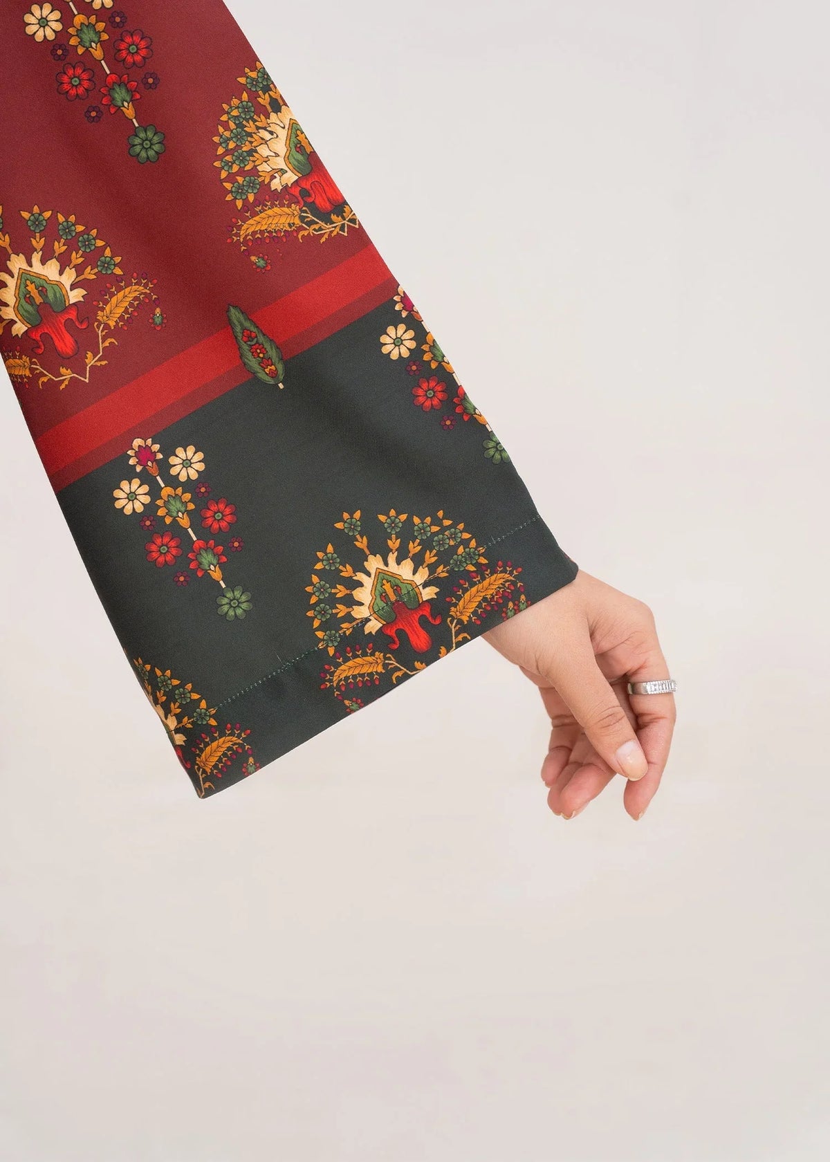 Model wearing maroon dress as a daily outfit, shop printed grip 2PC set at Buraqstore
