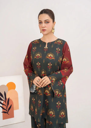Model wearing maroon dress, side view showing the fit of the printed grip 2PC, Buraqstore