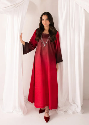 Model wearing maroon color dress, a hand-embellished silk 1-piece shirt, front view from Buraqstore