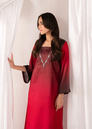 Model wearing maroon color dress, side view showing the drape of the silk shirt, Buraqstore